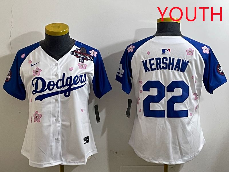 Youth Los Angeles Dodgers #22 Kershaw White Blue Sakura Edition 2025 Nike MLB Jersey style 5->youth mlb jersey->Youth Jersey